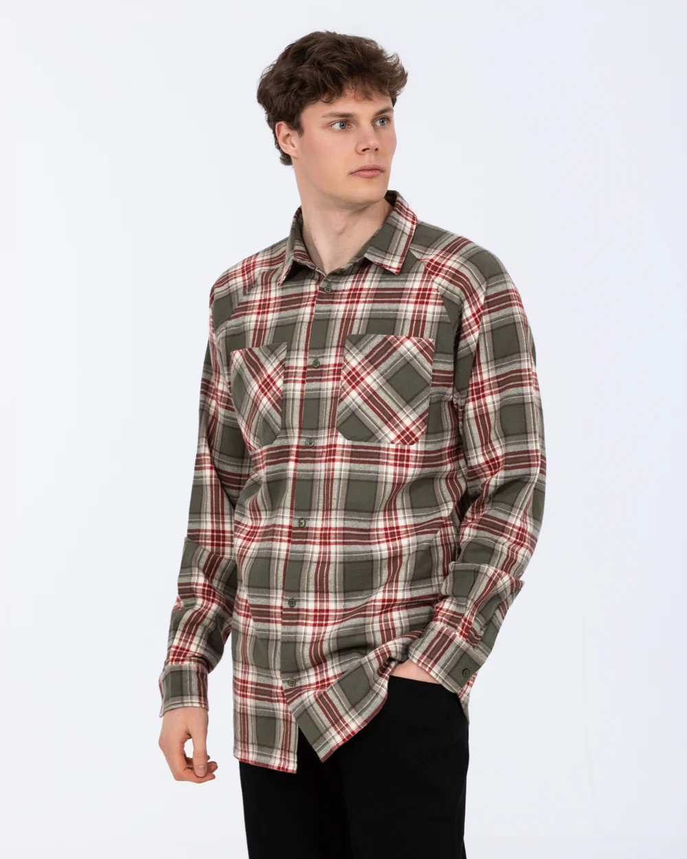 2t Bradley Tall Relaxed Fit Raglan Checked Shirt (green/burgundy) - Image 5