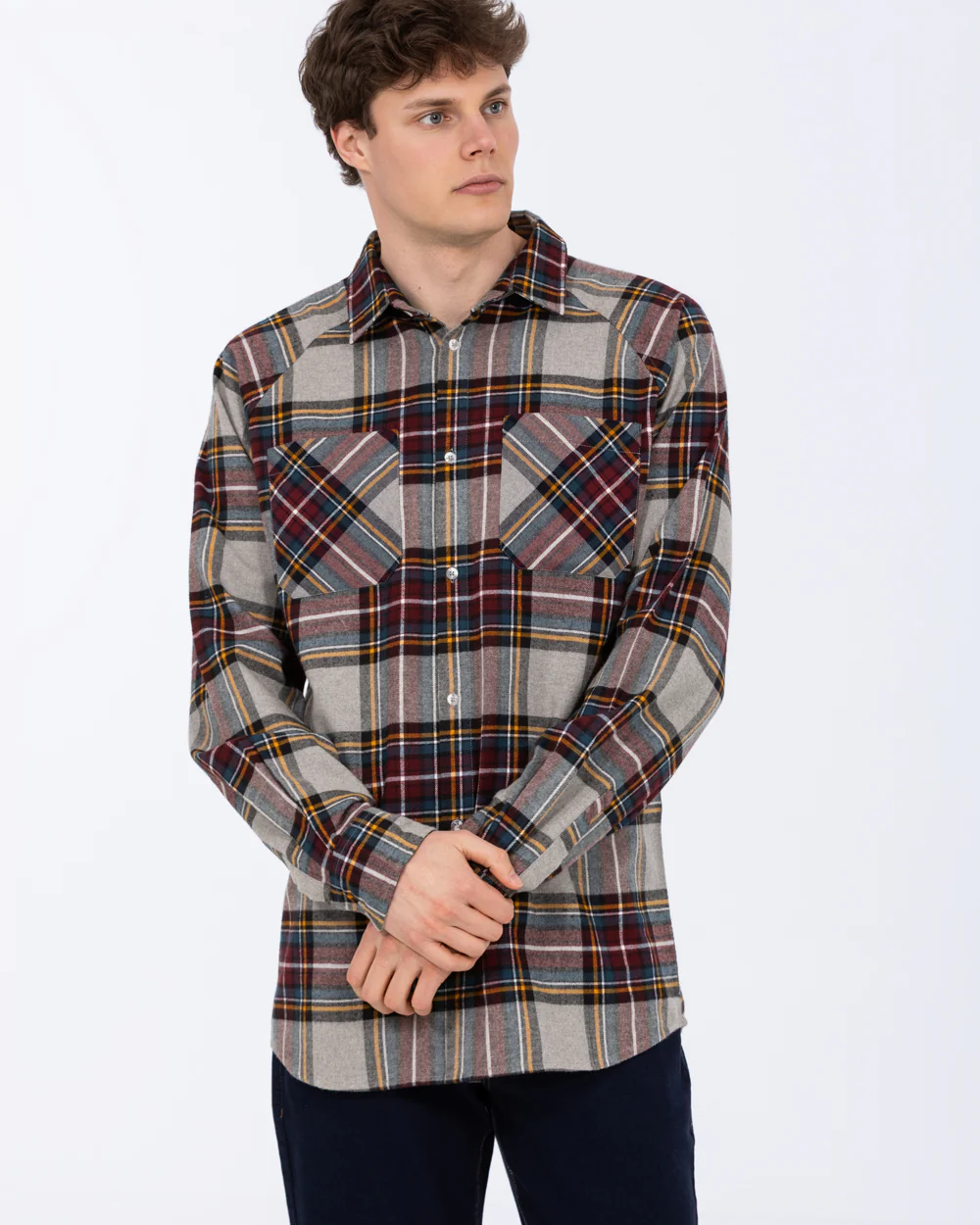 2t Bradley Tall Relaxed Fit Raglan Checked Shirt (grey/burgundy) - Image 5