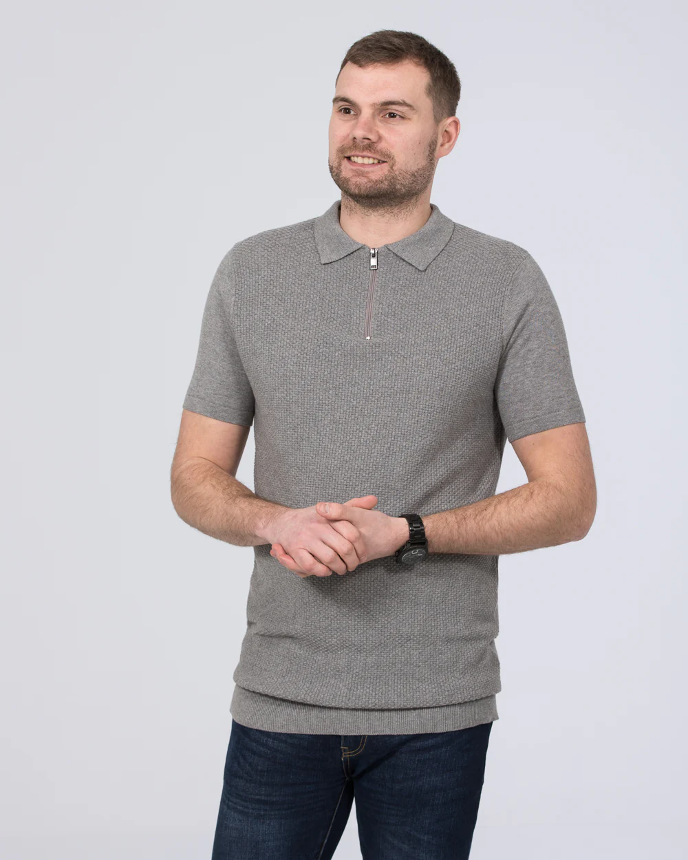 2t Devon Slim Fit Tall Zip Up Knitted Polo Shirt (grey) - Image 2