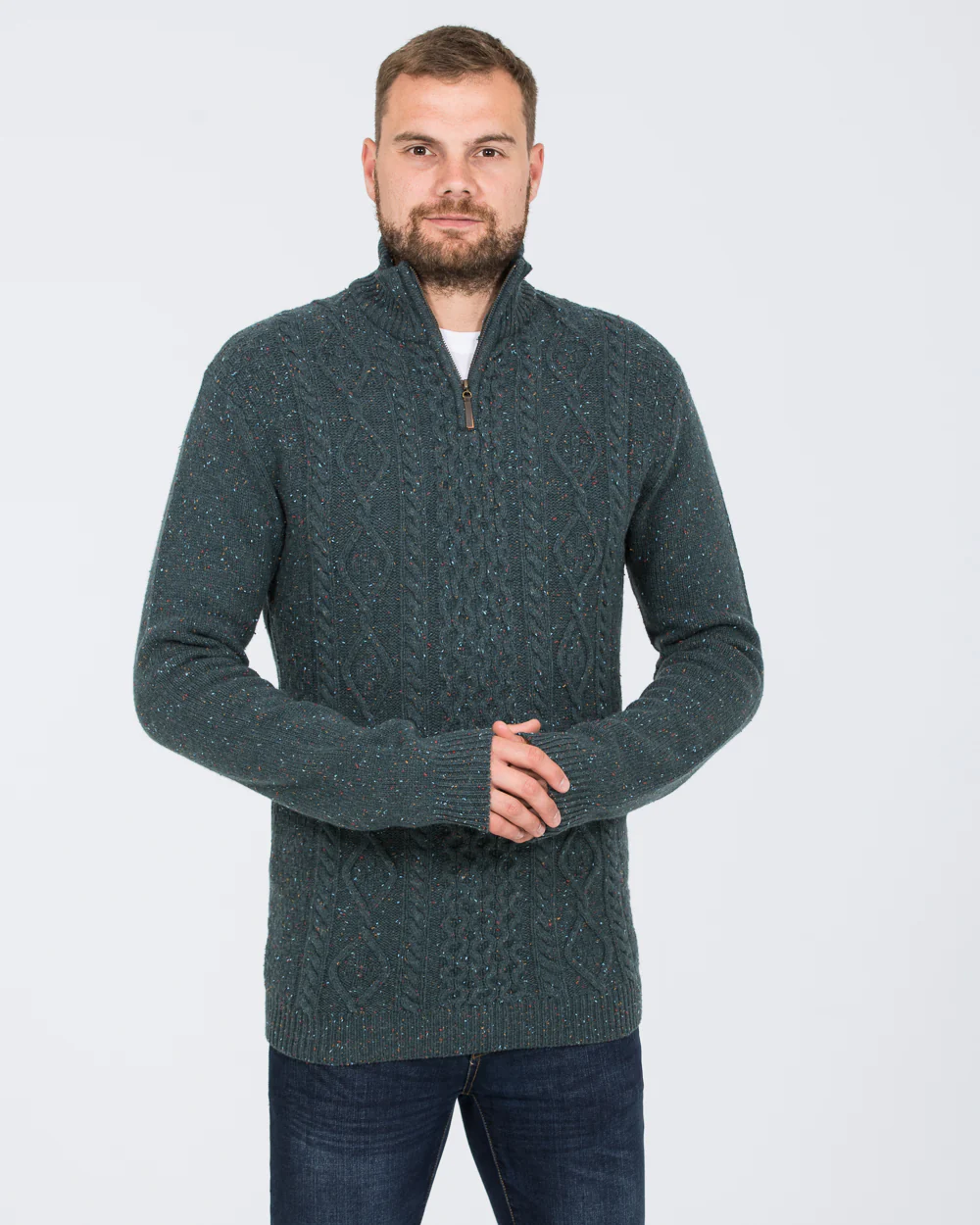 2t Tall Lambswool Aran Quarter Zip Jumper (teal) - Image 3