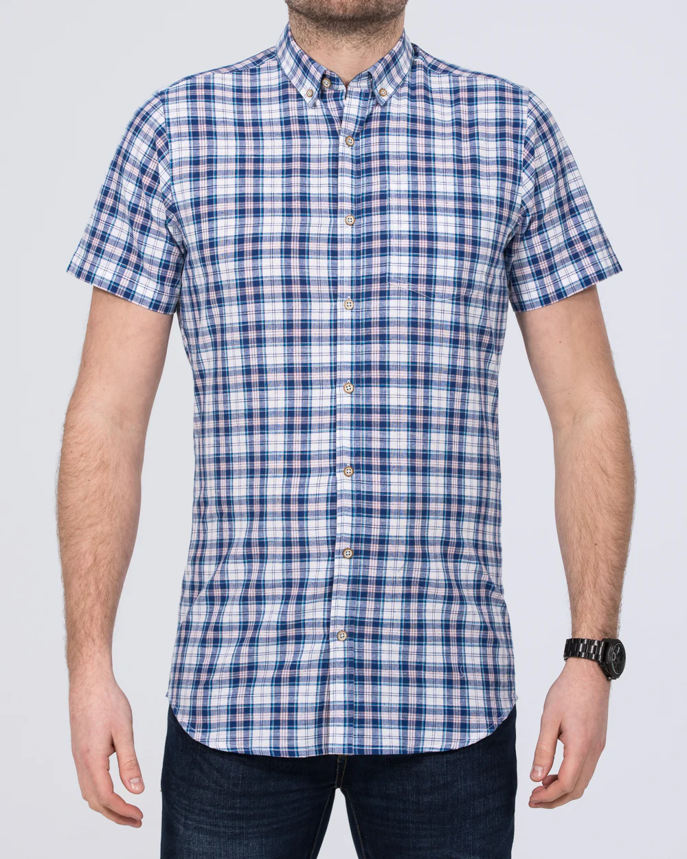 2t Tall Linen Blend Short Sleeve Shirt (blue/white check)