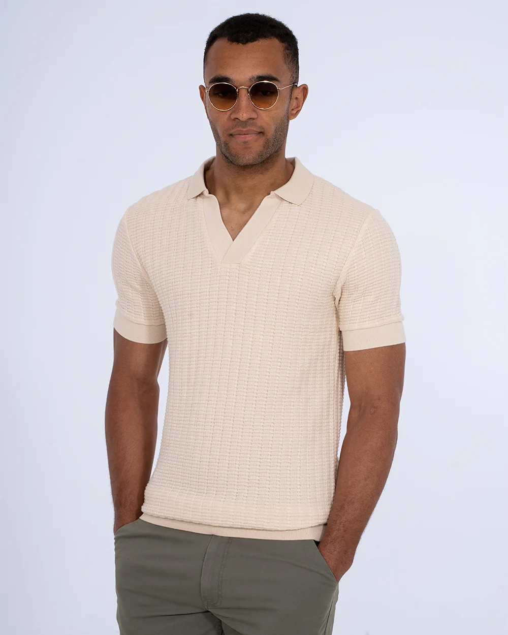 2t Vincent Tall Jacquard Open Collar Polo Shirt (cream) - Image 2