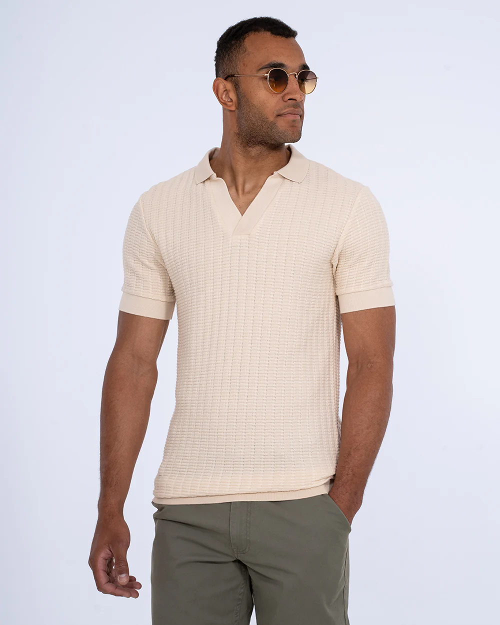 2t Vincent Tall Jacquard Open Collar Polo Shirt (cream) - Image 3